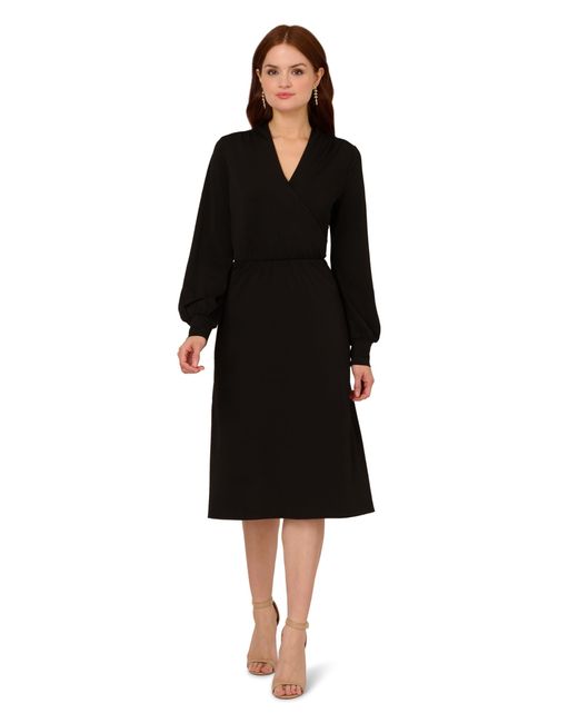 Adrianna Papell Long Sleeve Wrap Midi Dress in Black | Lyst