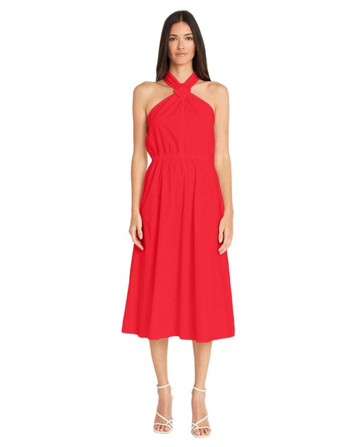 Maggy London Red Halter Neck With Circle Trim Detail Cotton Poplin Dress Party Occasion Date Guest Of