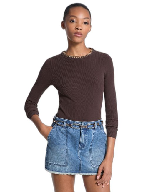 Michael Kors Blue Chain Neck Long Sleeve Rib Sweater