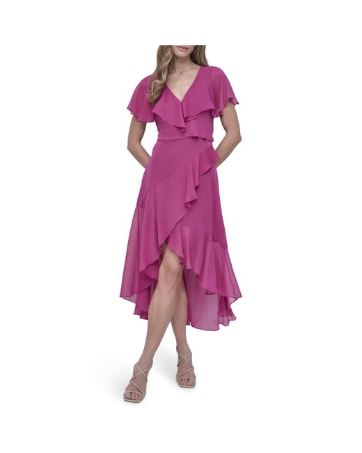 DKNY Purple Short Flutter Sleeve V-neck High Low Hem Ruffle Dress