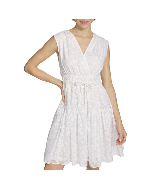 Tommy Hilfiger White V-neckline Petal Burnout Fabric Dress