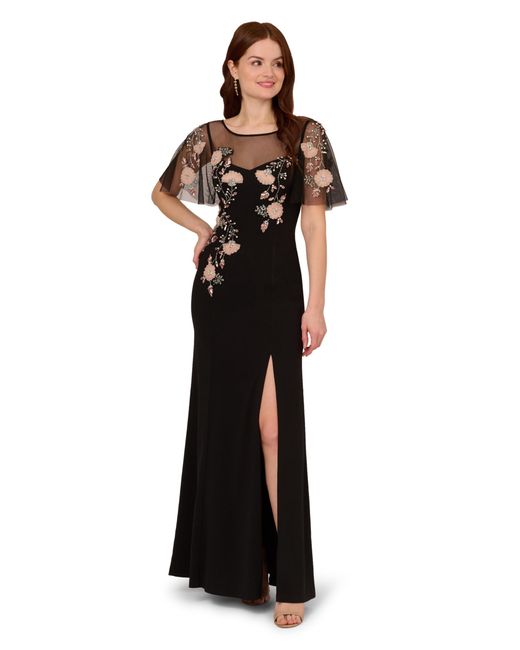 Adrianna Papell Black Beaded Crepe Long Dress