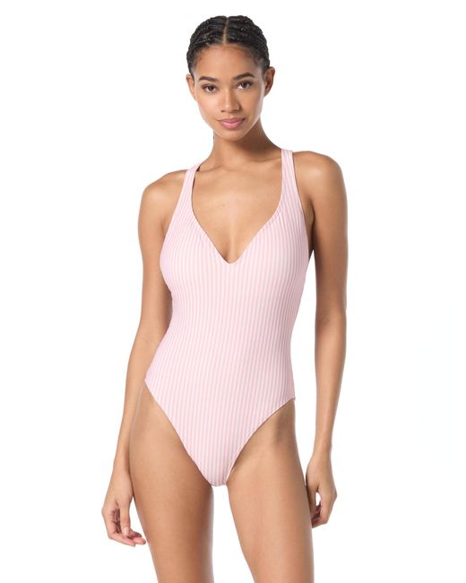 Michael Kors Pink Swimwear Bon Voyage Stripe V-neck One Piece