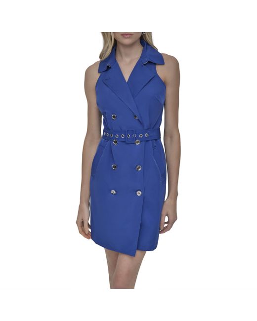 DKNY Blue Petite Sleeveless Collared Neck Dress With Removable Belt With Grommets