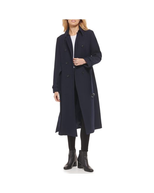 Cole Haan Blue Flared Trench Slick Wool Coat