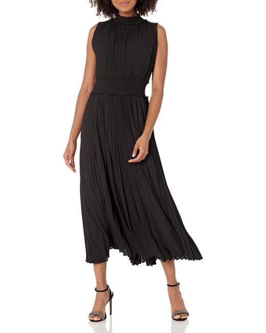 Nanette Lepore Smocked High Neck Pleated Maxi Dress in Black | Lyst