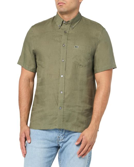 Lacoste Green Short Sleeve Regular Fit Linen Casual Button Down Shirt W/front Pocket for men