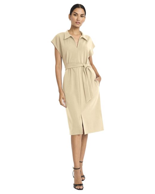 Maggy London Natural Midi Length Cap Sleeve Shirt Pockets-self Tie Belt-business Casual Work Dress