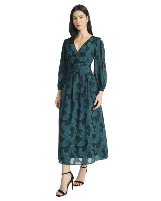 Maggy London Blue Long Sleeve V Neck Fit & Flare Midi Elegant Special Occasion Wedding Guest Dresses
