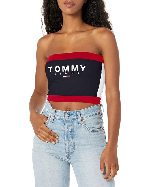 Tommy Hilfiger Blue Bandeau Tube Top With Classic Tommy Jeans Color Block And Logo Cami Shirt