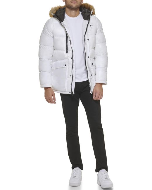 Guess Gray Mid-weight Puffer Jacket With Removable Fur Hood for men
