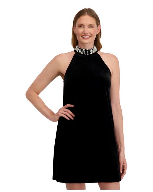 Laundry by Shelli Segal Women's Black Audrey Pearl Neck Shift Velvet Mini A-line Dress