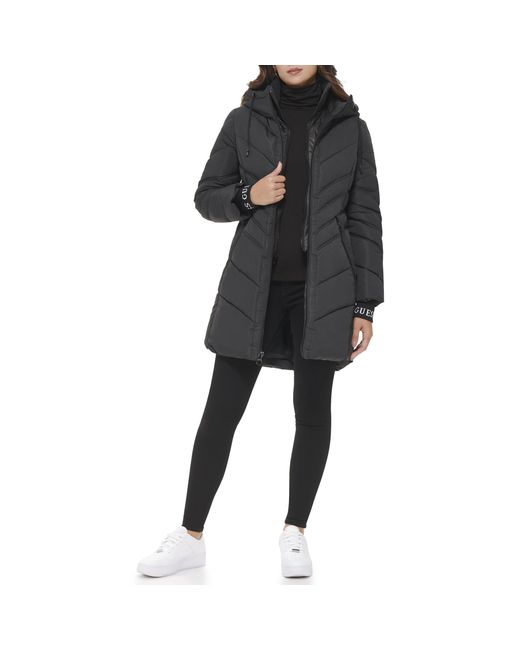 Guess Black Hooded Cold Weather Water Resistant Coat