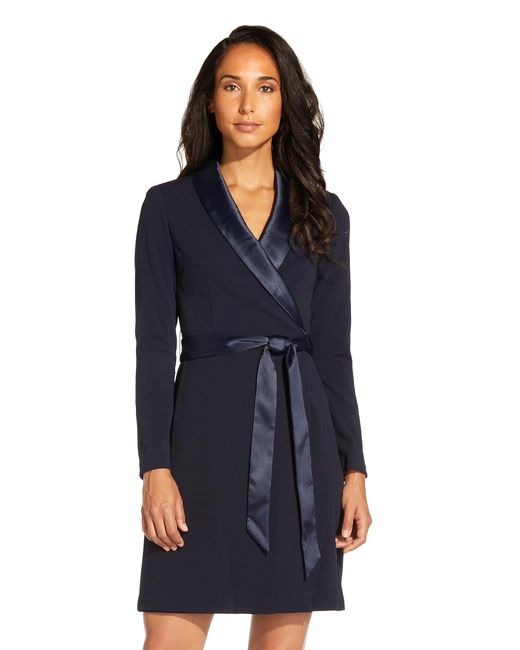 Adrianna Papell Blue Knit Crepe Tuxedo A-line Dress