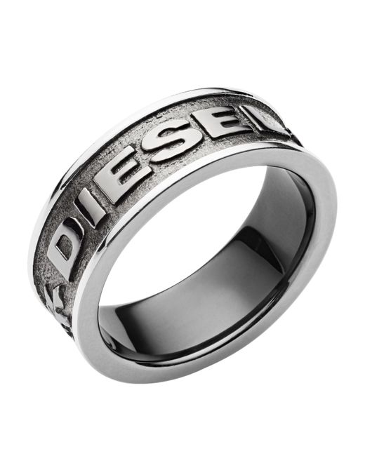 DIESEL Metallic Gunmetal Gray Stainless Steel Logo Band Ring for men