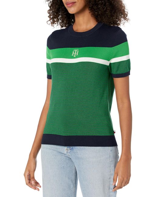 Tommy Hilfiger Green Short Sleeve Colorblock Cotton Sweater