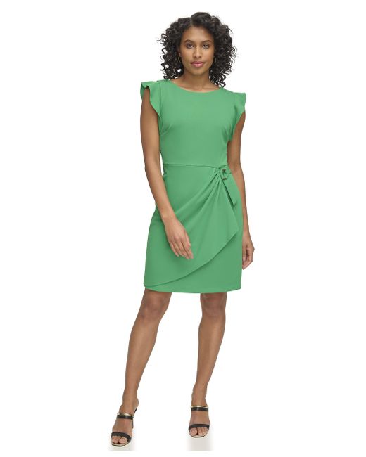 DKNY Green Flutter Sleeve Faux Wrap With Hardware