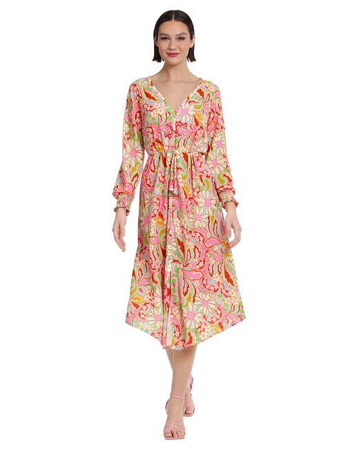 Donna Morgan Red Floral Printed V-neck Midi Dress Summer Fun Day Event Date Guest Of