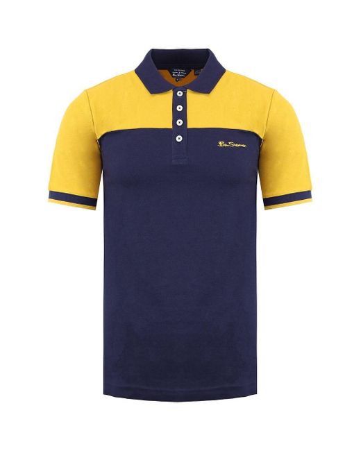 Ben Sherman Blue Short Sleeve Collared Navy Yellow Block S Polo Shirt 0074696 054 for men