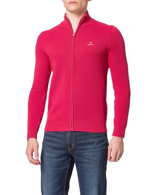 Gant Red Cotton Pique Zip Cardigan Sweater for men