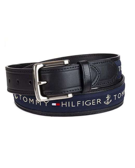Tommy Hilfiger Black Ribbon Inlay Fabric Belt With Single Prong Buckle for men