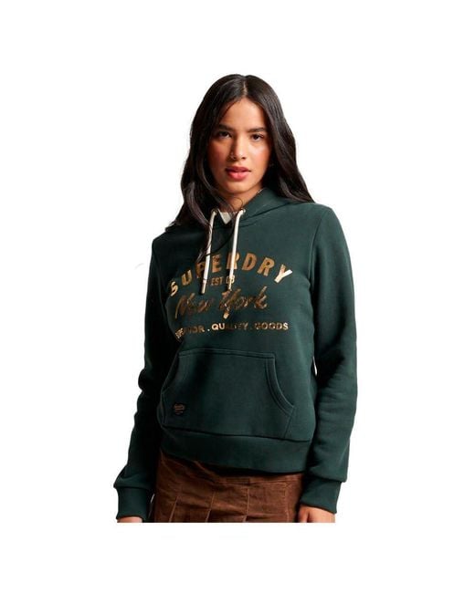 Superdry Green Luxe Hoodie mit Logo in Metallic-Optik Akademie Dunkelgrün 36