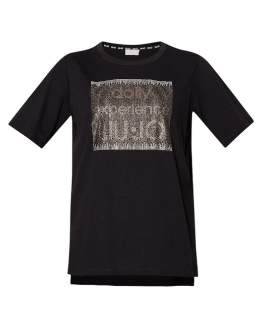 T shirt donna Liu Jo con logo e strass nero E25LJ33 TF4020 JS923 N9585 L di Liu Jo in Black