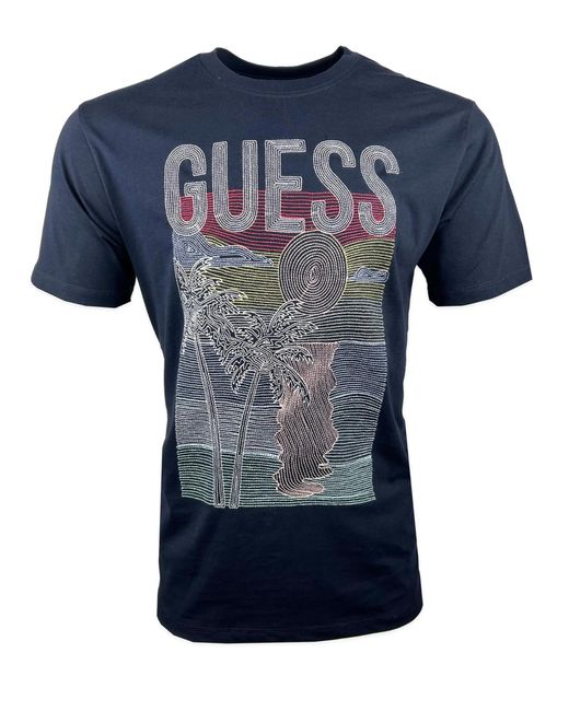 Guess Jeans SS CN Palm Embroidered T-Shirt in Blue für Herren