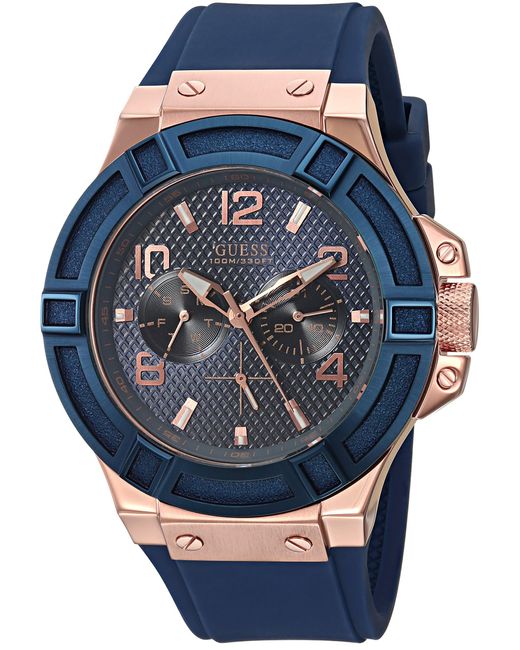 Guess Comfortable Iconic Blue + Rose Gold-tone Stain Resistant Silicone  Chronograph Watch With Date. Color: Blue for Men - Save 48% - Lyst