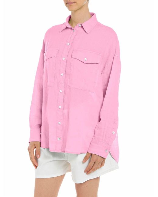 Replay Pink Bluse Langarm aus Leinen