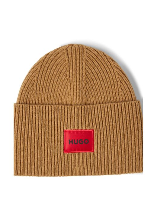 HUGO Natural Wool-blend Beanie Hat With Red Logo Label for men