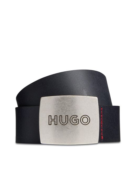 HUGO Black Leather Belt With Logo Plaque Buckle for men