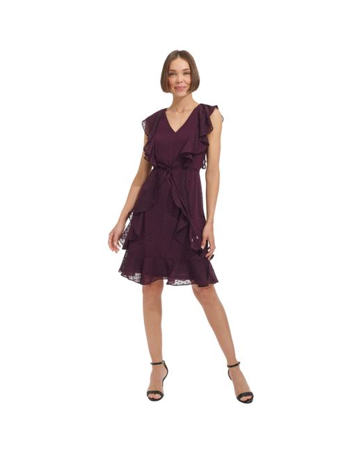 Tommy Hilfiger Purple Flutter Sleeve V-neck Chiffon Fit And Flare Dress Casual