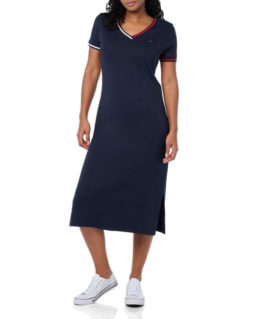 Tommy Hilfiger Blue V-neck Stripe Trim Midi T-shirt Dress Casual