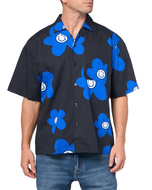 HUGO Blue Printed Short Sleeve Button Down Shirt for men