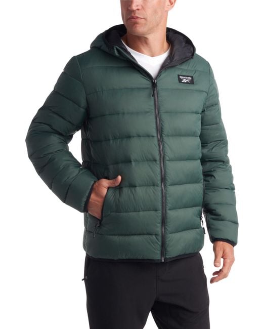 Reebok Green Packable Quilted Puffer Coat - Weather Resistant Lightweight Outerwear Windbreaker Coat For for men