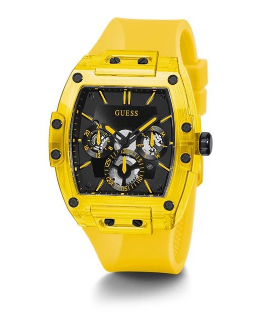 Guess Gw0203g6 Yellow Silicone Band Black Dial Multifunction Analog Watch for men
