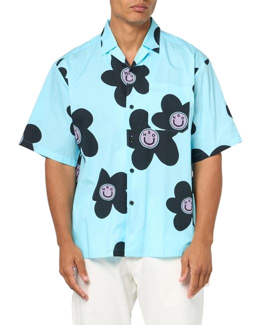 HUGO Blue Printed Short Sleeve Button Down Shirt for men