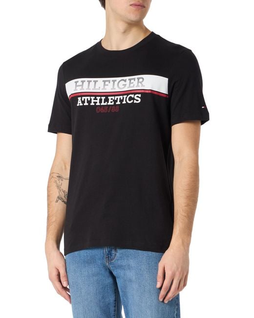 Camiseta de manga corta Hombre Hilfiger Ath Tee Cuello redondo Tommy Hilfiger de hombre de color Black