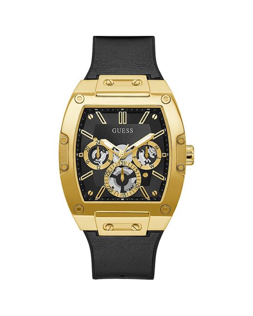 Guess Metallic Tone Dial With Gold-tone Polycarbonate Case & Flex Leather/silicone for men