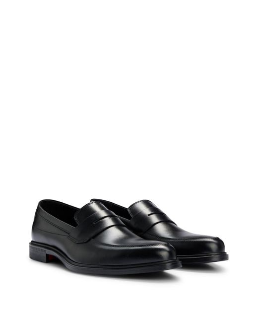 HUGO Black Leather Loafers With Penny Trim And Rubber Sole for men