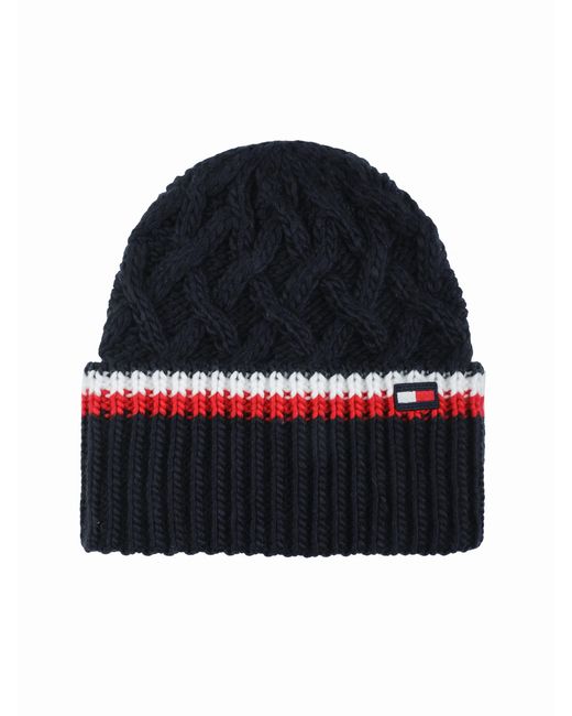 Tommy Hilfiger Blue Lattice Cable With Stripes Cuff Hat Beanie
