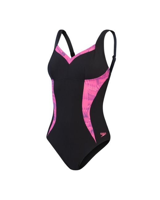 Speedo S Shaping Printed Lunaelustre Swimming Costume Black Bloomious Pink Cupid Coral