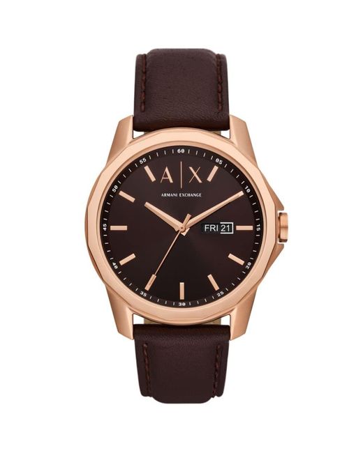 Emporio Armani Pink A|x Armani Exchange Three-hand Day-date Brown Leather Band Watch for men