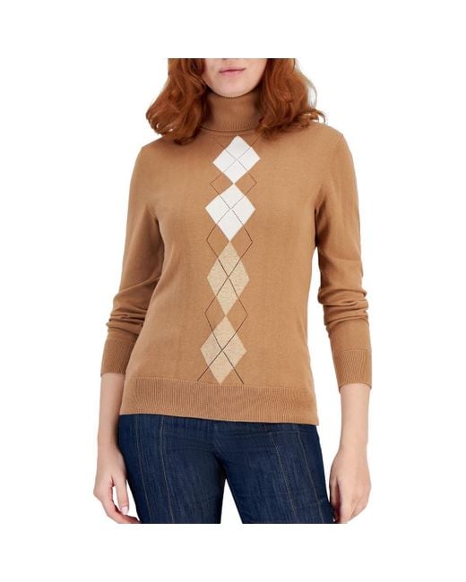 Tommy Hilfiger Blue Long Sleeve Turtleneck Argyle Pointelle Sweater