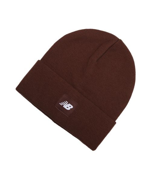 New Balance Brown And Woven Nb Logo Cuffed Knit Beanie