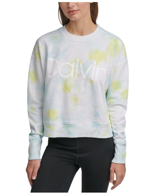 Calvin Klein Gray Performance Tie Dye Calvin Logo Long Sleeve Crop Boxy Hoodie Hooded Sweatshirt