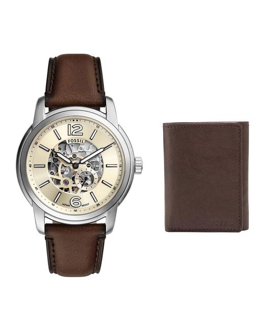 Orologio da Uomo Everett in Pelle Marrone e Portafoglio Ingram di Fossil in Multicolor da Uomo