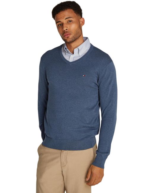 Tommy Hilfiger Blue 's V-neck Essential Cotton Jumper for men