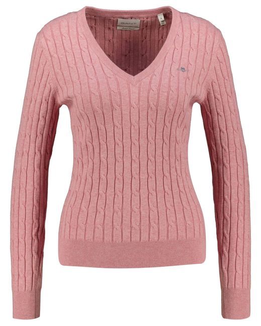 Gant Pink Stretch Cotton Cable V-neck Sweater